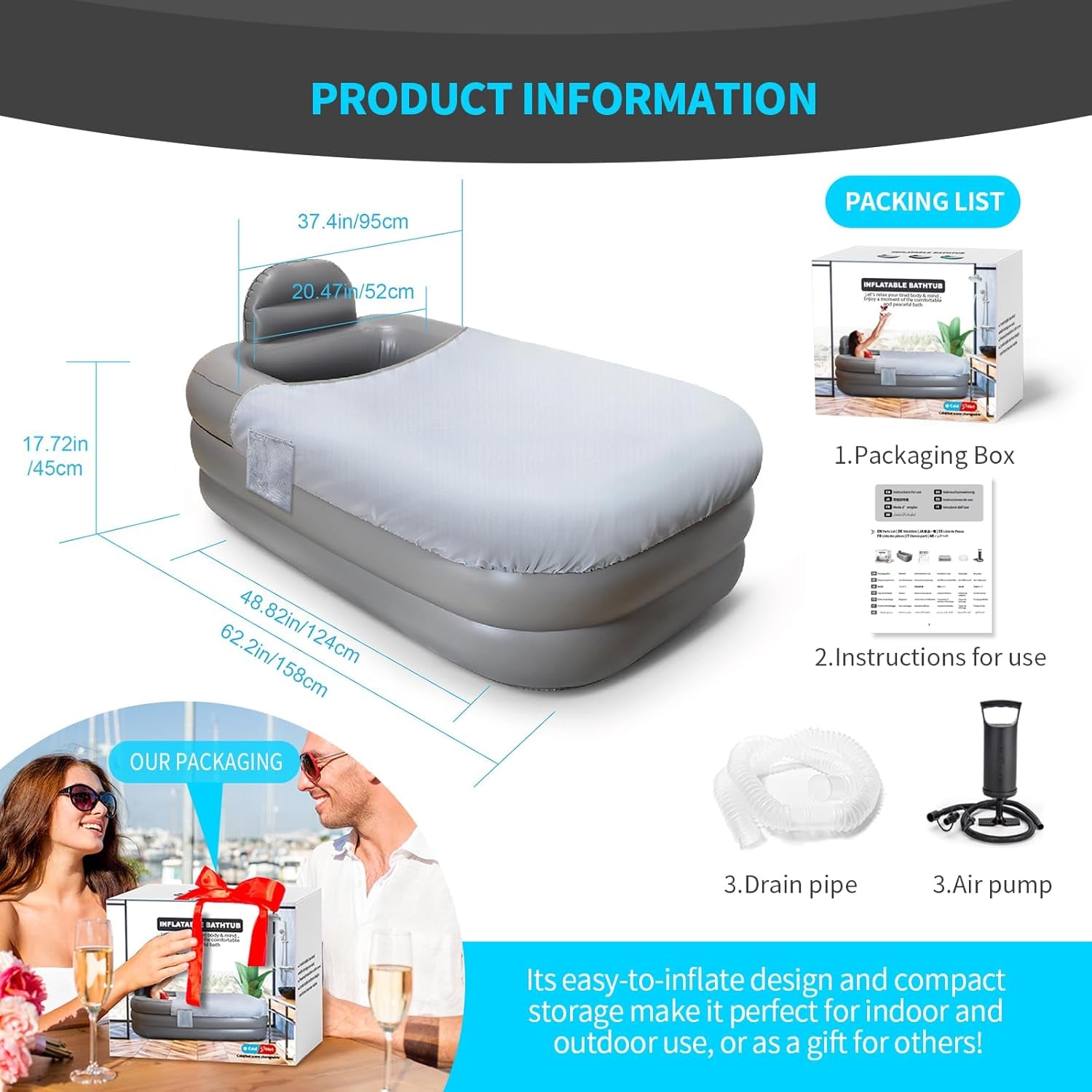 Inflatable Bathtub with Pump and Bath Pillow Headrest, Outdoor & Indoor Freestanding Foldable Spa Tub Portable Family SPA Bath Tub, Ideal for Hot Bath Ice Bath (Light Grey)