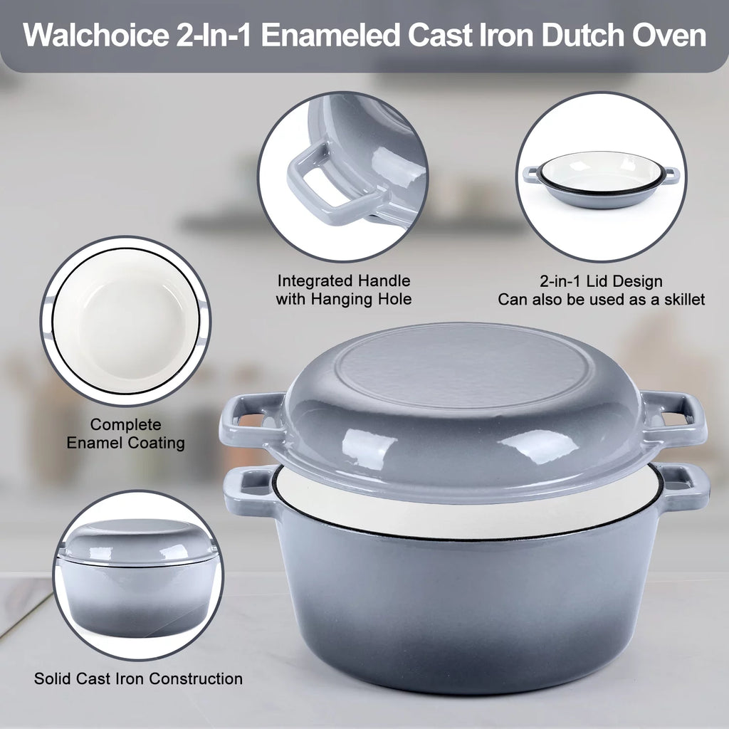 2-In-1 Enameled Cast Iron Dutch Oven with Skillet Lid, 5 Quart Dutch Oven Pot Cookware with Handles for Grilling, Stewing - Grey