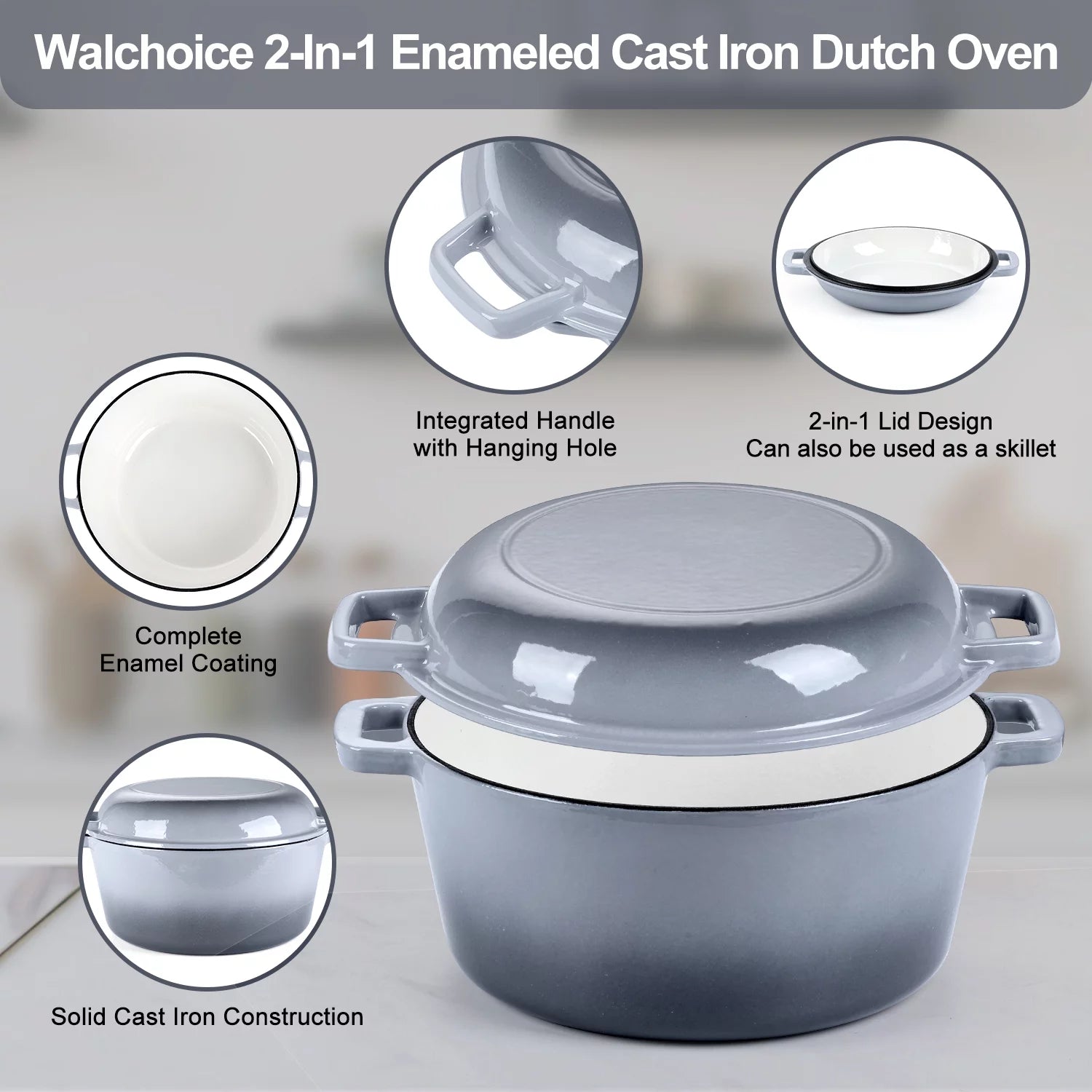 2-In-1 Enameled Cast Iron Dutch Oven with Skillet Lid, 5 Quart Dutch Oven Pot Cookware with Handles for Grilling, Stewing - Grey