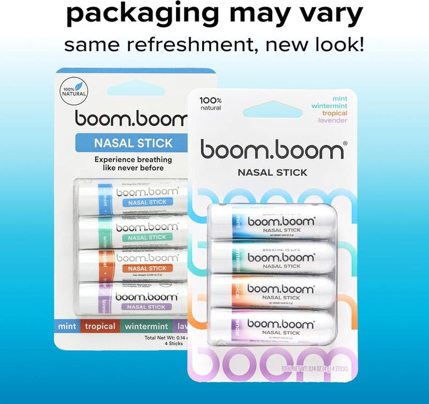 Boomboom Nasal Stick (4 Pack) | Vapor Flow Technology | Better Breathing + Natural Focus | Cool Refreshing Sensation | Premium Essential Oils + Menthol Inhaler (Mint, Wintermint, Tropical, Lavender)