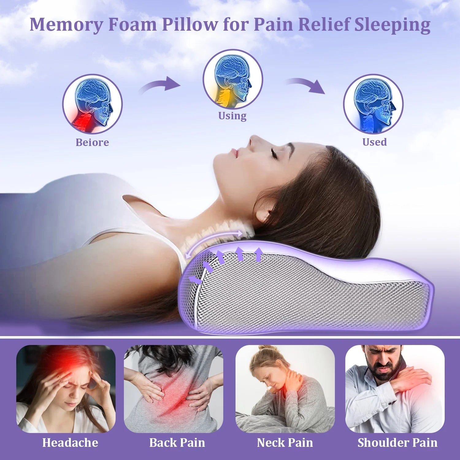 Cervical Memory Foam Pillow for Neck Pain Relief, Ergonomic Bed Pillows for Body Side Back Stomach Sleepers, 23.6''X 13.3''X 4.3'',White