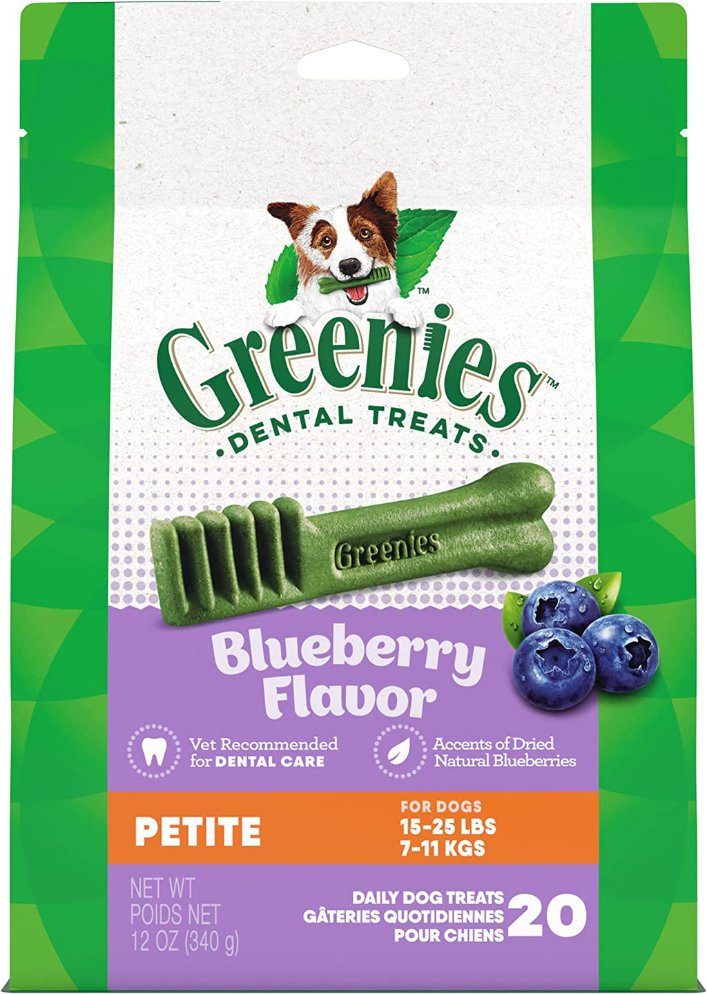 Petite Dental Dog Treats, Blueberry Flavor, 12 Oz. Pack (20 Treats)