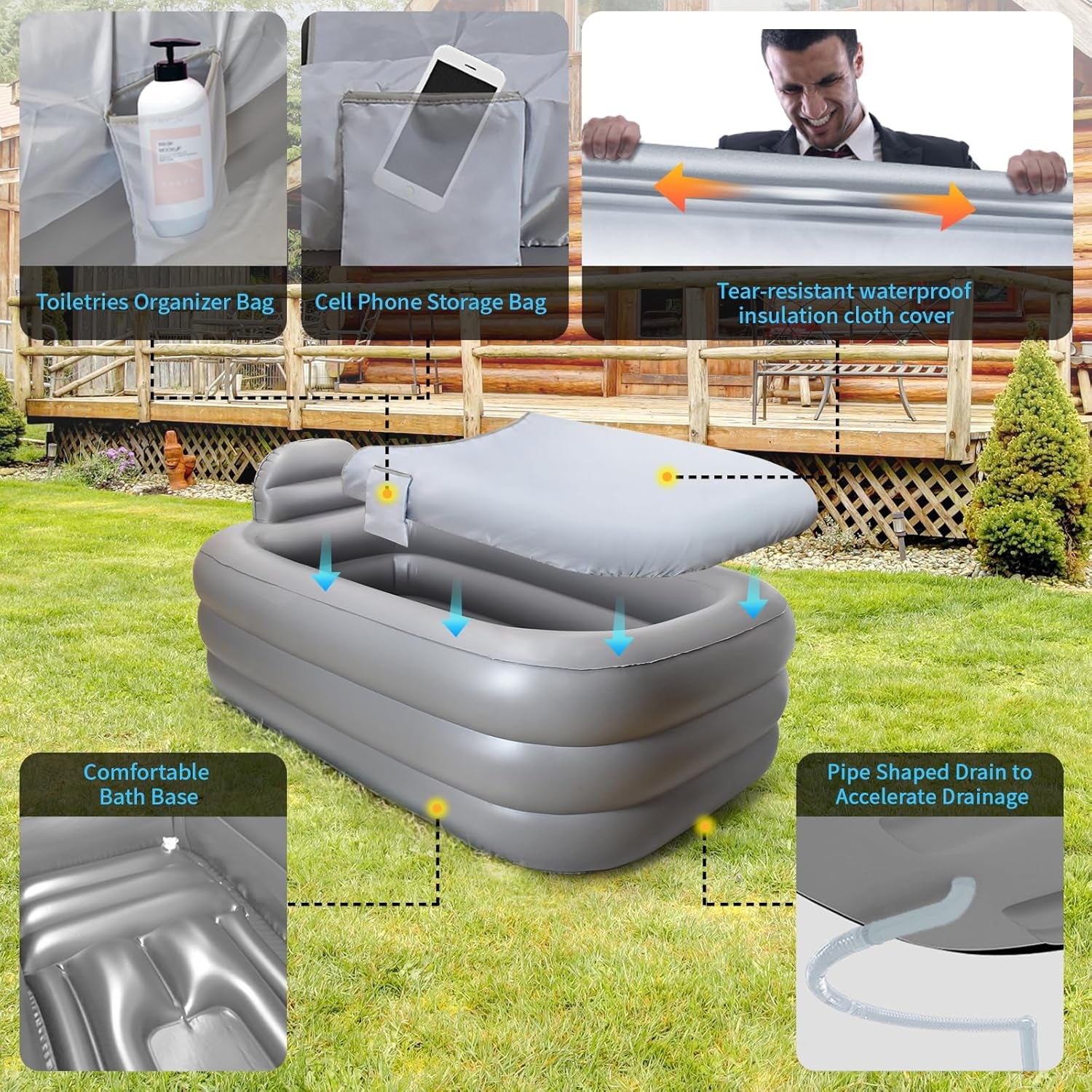 Inflatable Bathtub with Pump and Bath Pillow Headrest, Outdoor & Indoor Freestanding Foldable Spa Tub Portable Family SPA Bath Tub, Ideal for Hot Bath Ice Bath (Light Grey)