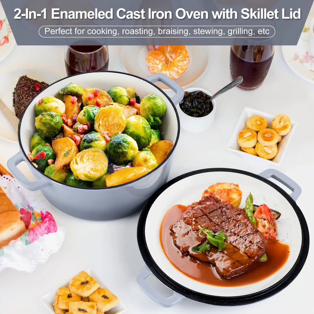 2-In-1 Enameled Cast Iron Dutch Oven with Skillet Lid, 5 Quart Dutch Oven Pot Cookware with Handles for Grilling, Stewing - Grey