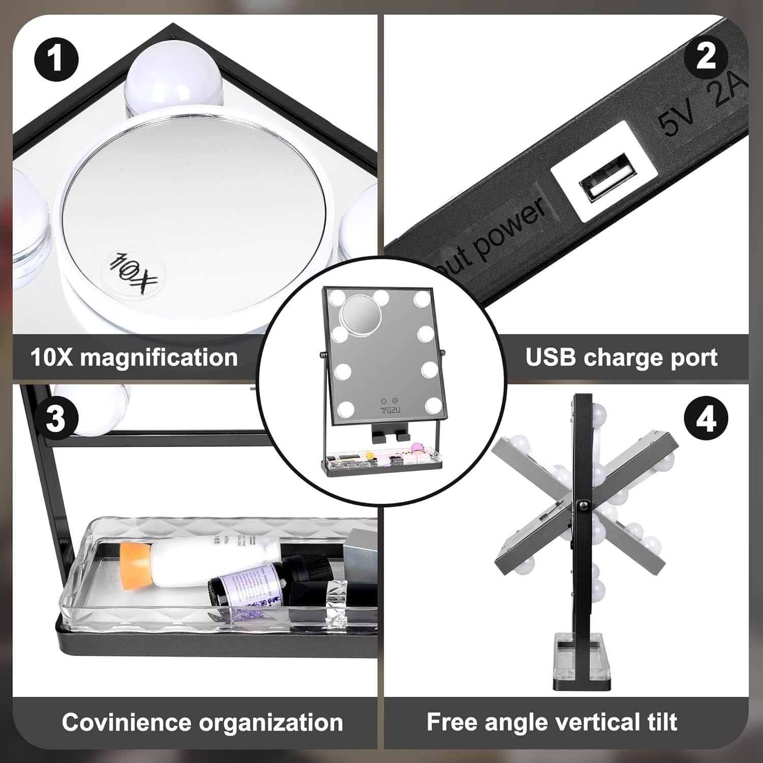 Hollywood Vanity Makeup Mirror with Dimmerable Smart Touch Control LED and Storage, 3 Color Lighting (Black)