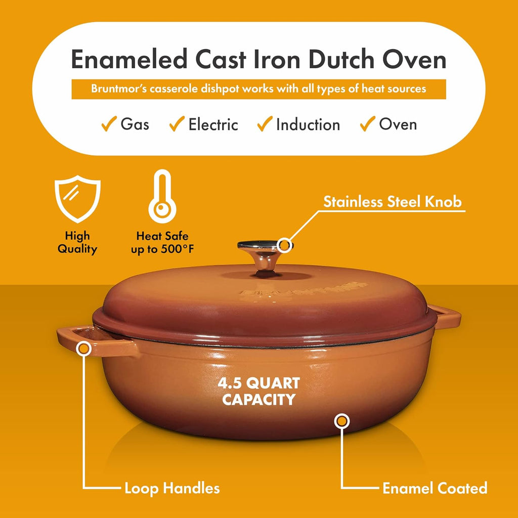 4.5 Quart Pre-Seasoned Enameled Cast Iron Dutch Oven with Dual Handles and Lid, Pumpkin Spice Cast Iron Skillet, Shallow Cookware Braising Pan for Cast Iron Casserole Dish