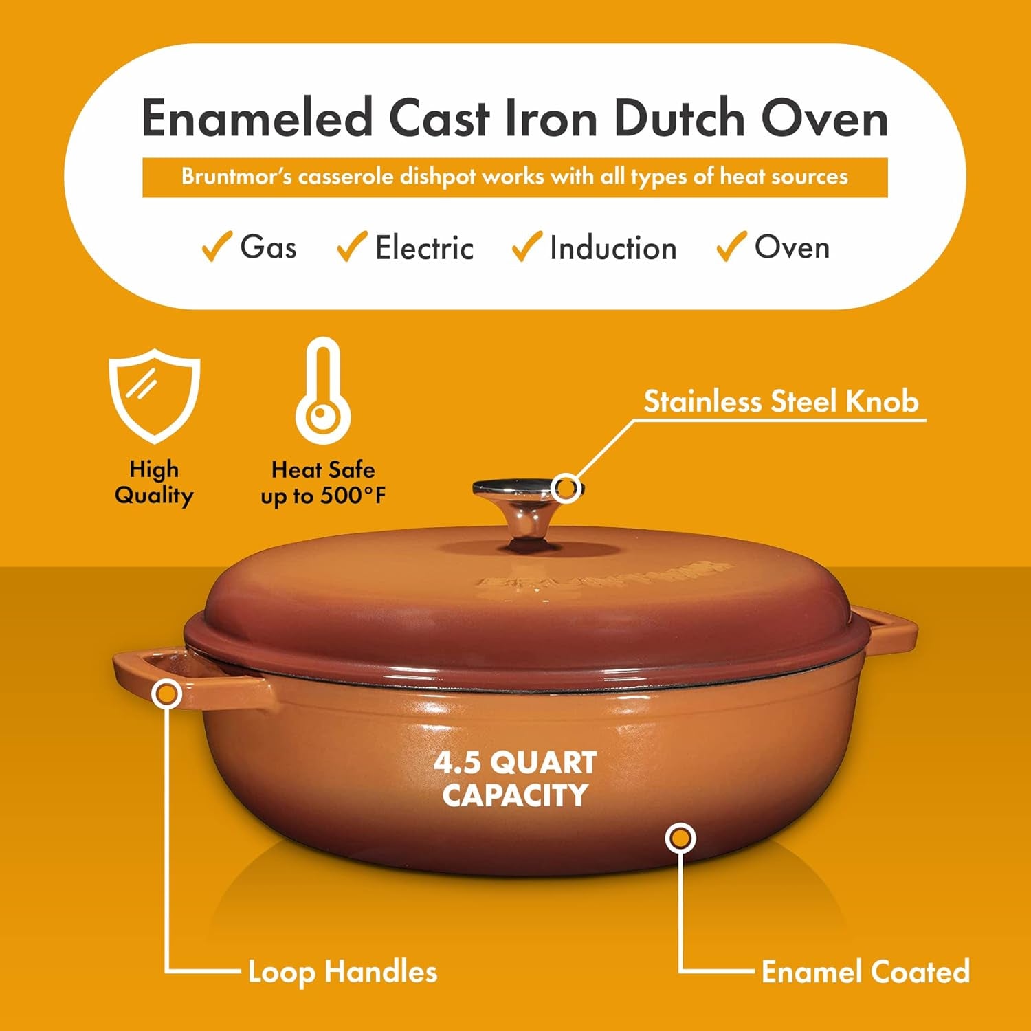 4.5 Quart Pre-Seasoned Enameled Cast Iron Dutch Oven with Dual Handles and Lid, Pumpkin Spice Cast Iron Skillet, Shallow Cookware Braising Pan for Cast Iron Casserole Dish