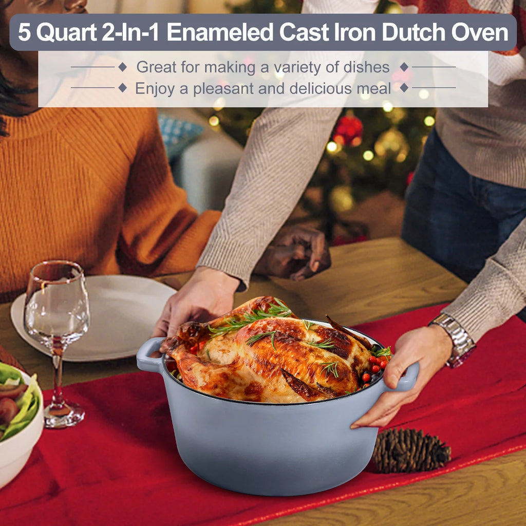 2-In-1 Enameled Cast Iron Dutch Oven with Skillet Lid, 5 Quart Dutch Oven Pot Cookware with Handles for Grilling, Stewing - Grey