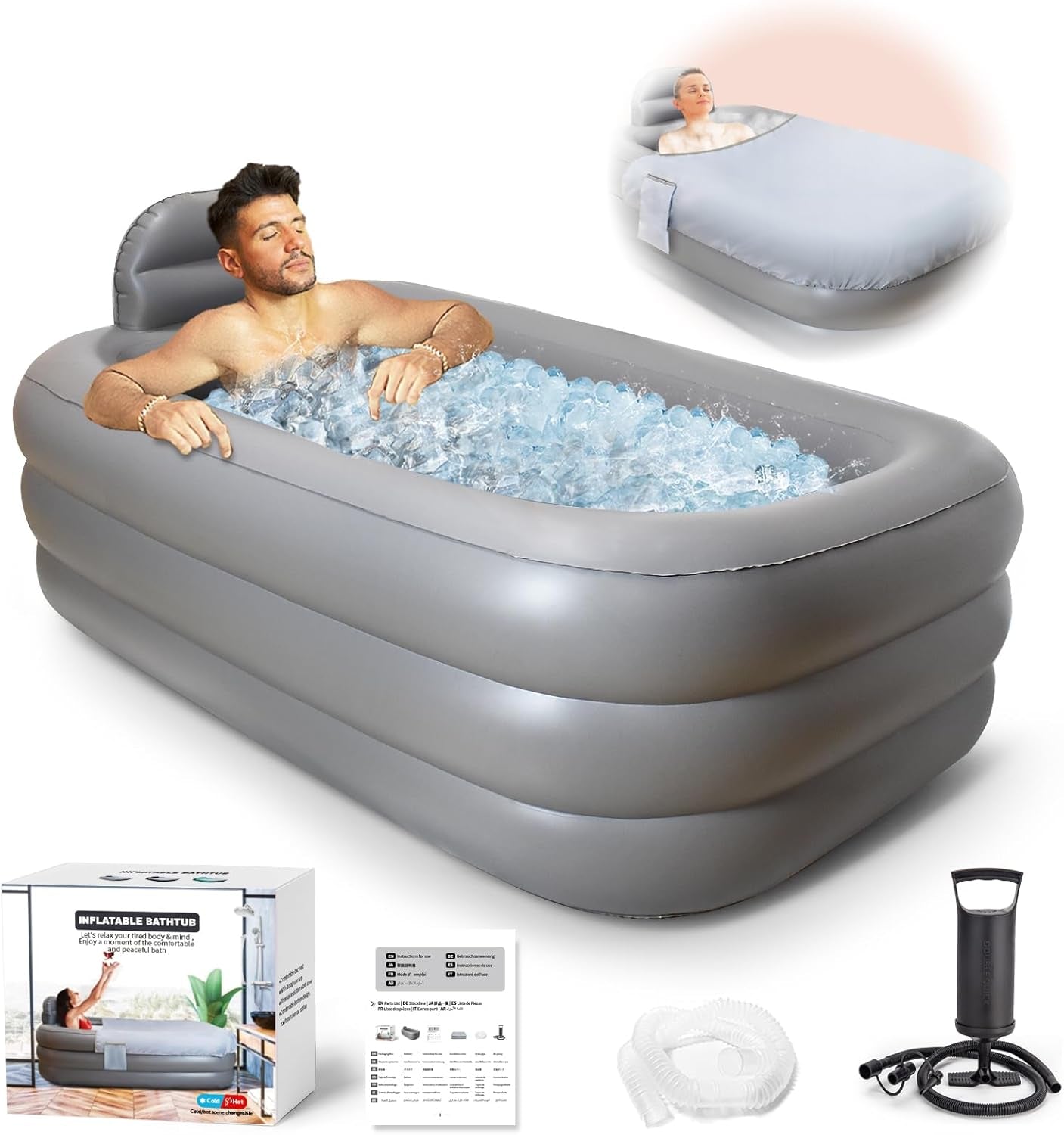 Inflatable Bathtub with Pump and Bath Pillow Headrest, Outdoor & Indoor Freestanding Foldable Spa Tub Portable Family SPA Bath Tub, Ideal for Hot Bath Ice Bath (Light Grey)