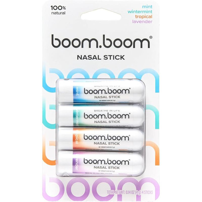 Boomboom Nasal Stick (4 Pack) | Vapor Flow Technology | Better Breathing + Natural Focus | Cool Refreshing Sensation | Premium Essential Oils + Menthol Inhaler (Mint, Wintermint, Tropical, Lavender)