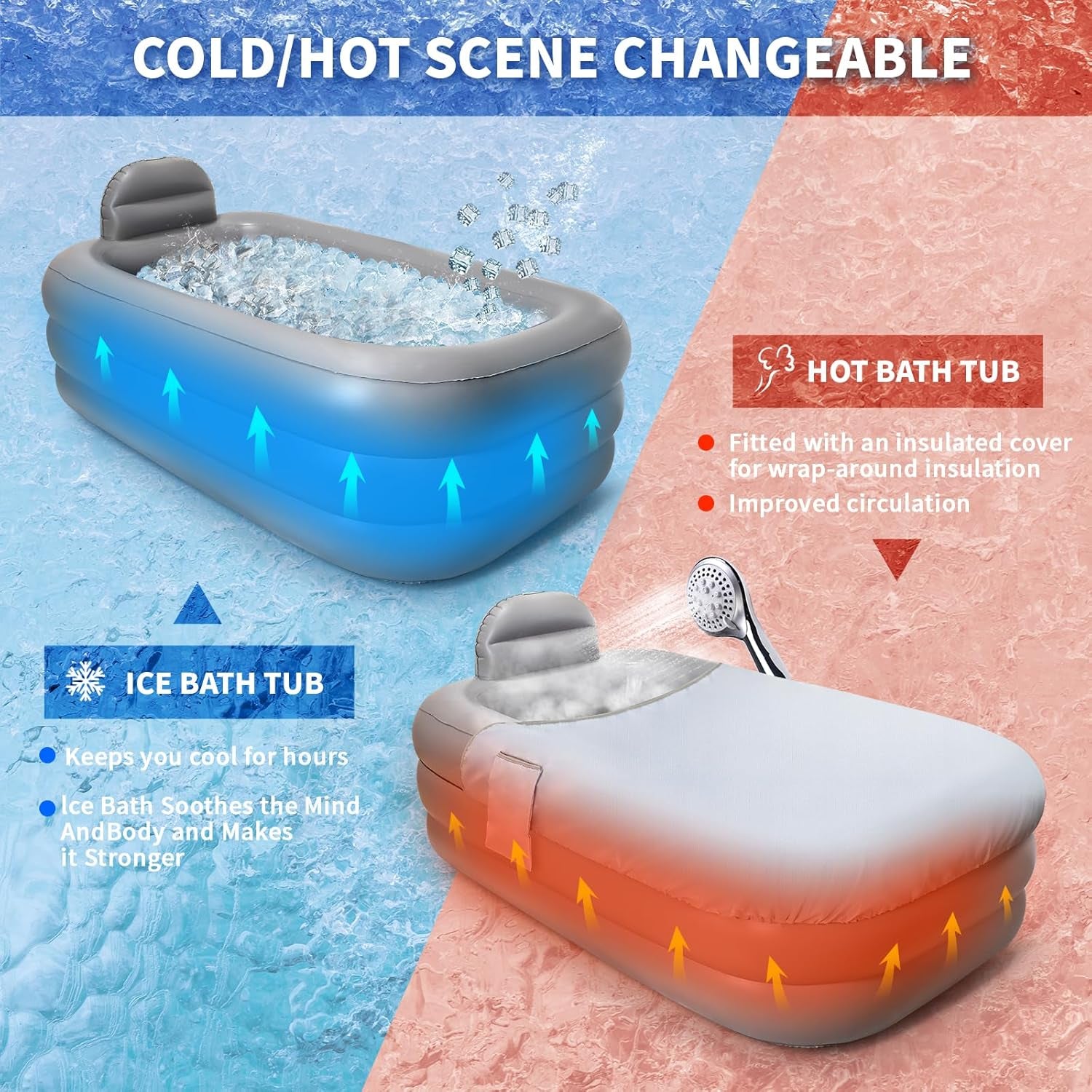 Inflatable Bathtub with Pump and Bath Pillow Headrest, Outdoor & Indoor Freestanding Foldable Spa Tub Portable Family SPA Bath Tub, Ideal for Hot Bath Ice Bath (Light Grey)