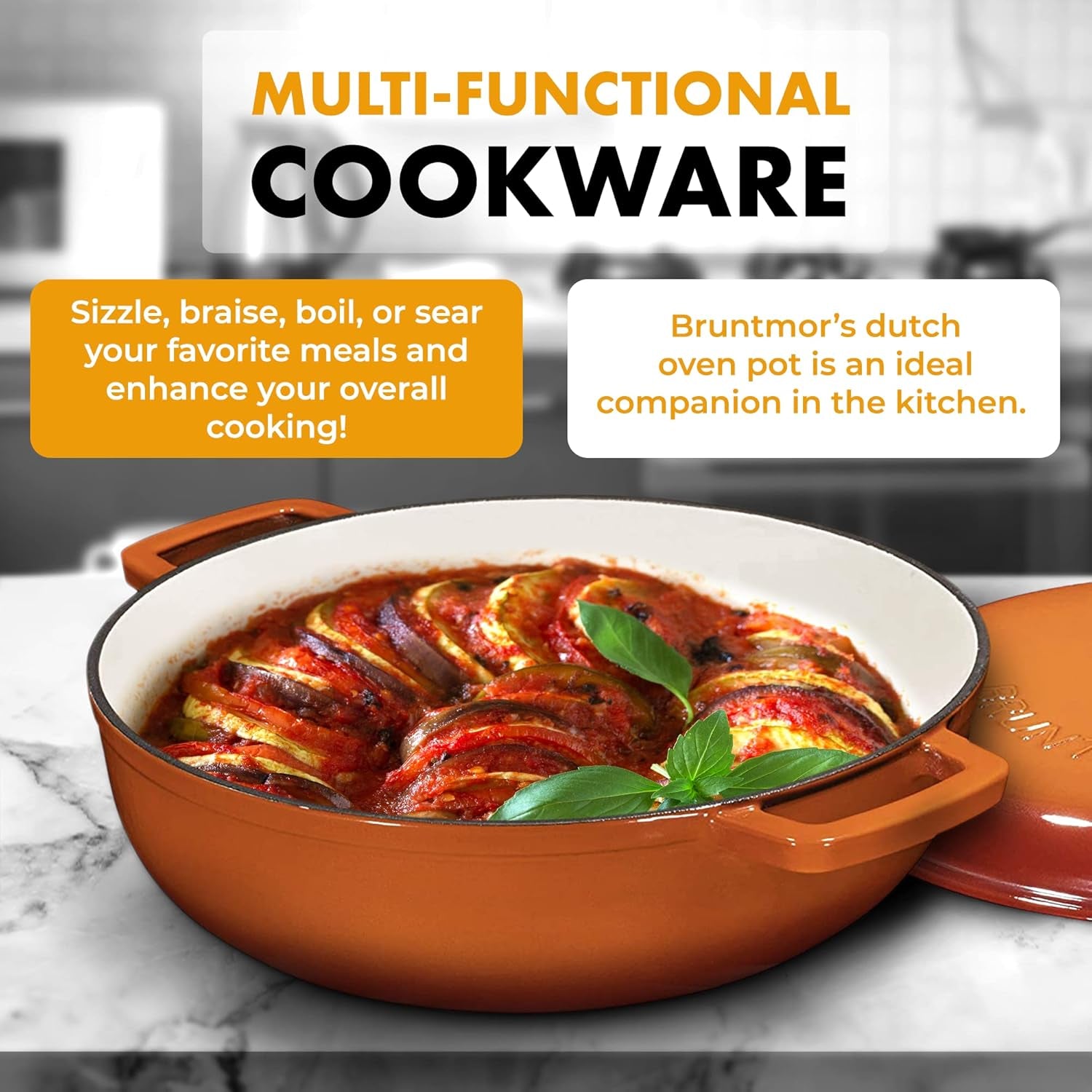 4.5 Quart Pre-Seasoned Enameled Cast Iron Dutch Oven with Dual Handles and Lid, Pumpkin Spice Cast Iron Skillet, Shallow Cookware Braising Pan for Cast Iron Casserole Dish