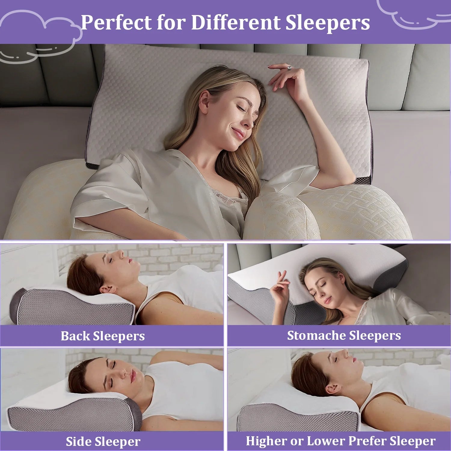 Cervical Memory Foam Pillow for Neck Pain Relief, Ergonomic Bed Pillows for Body Side Back Stomach Sleepers, 23.6''X 13.3''X 4.3'',White