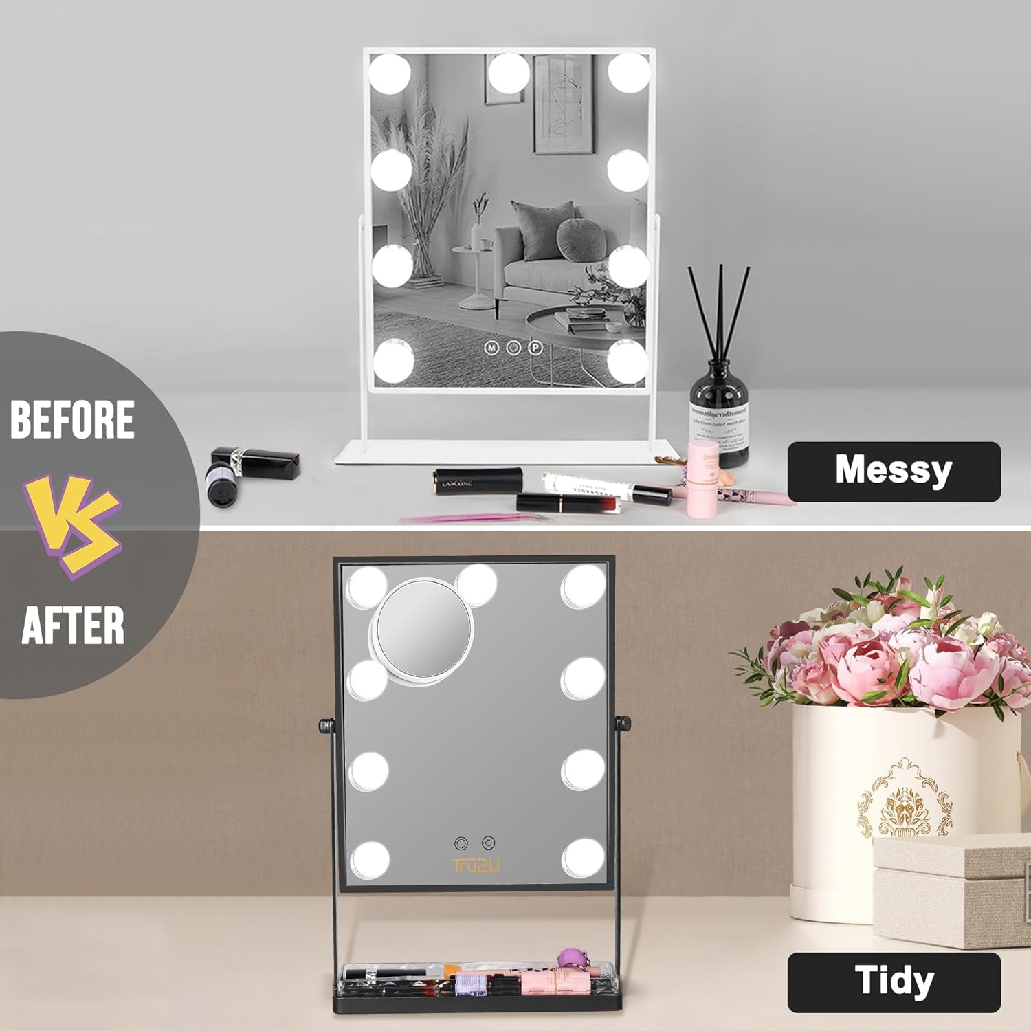 Hollywood Vanity Makeup Mirror with Dimmerable Smart Touch Control LED and Storage, 3 Color Lighting (Black)