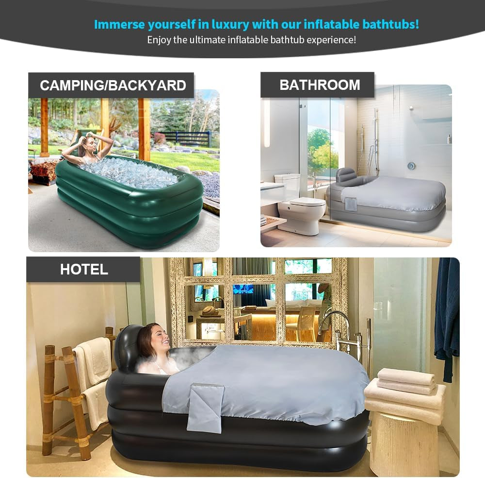 Inflatable Bathtub with Pump and Bath Pillow Headrest, Outdoor & Indoor Freestanding Foldable Spa Tub Portable Family SPA Bath Tub, Ideal for Hot Bath Ice Bath (Light Grey)