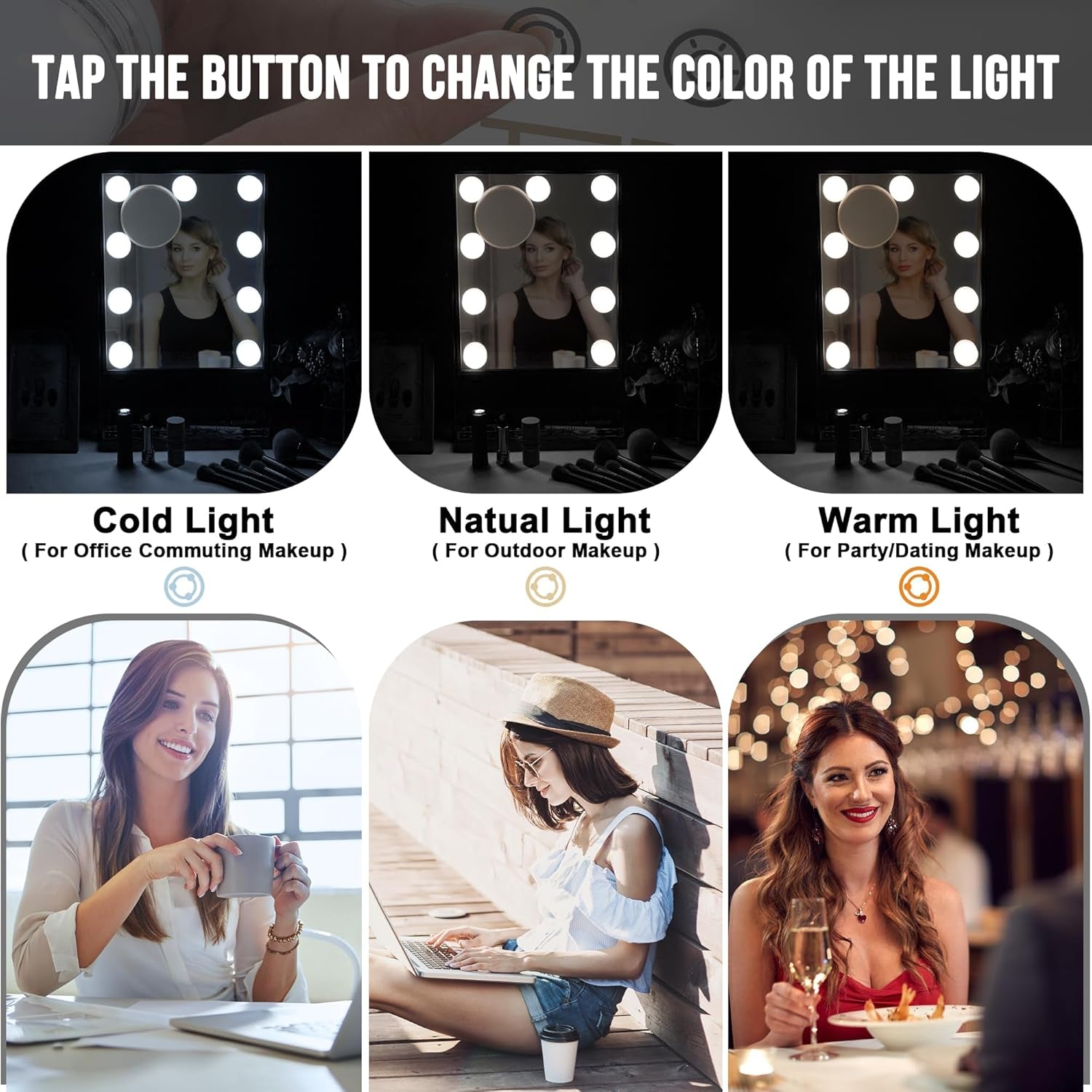 Hollywood Vanity Makeup Mirror with Dimmerable Smart Touch Control LED and Storage, 3 Color Lighting (Black)