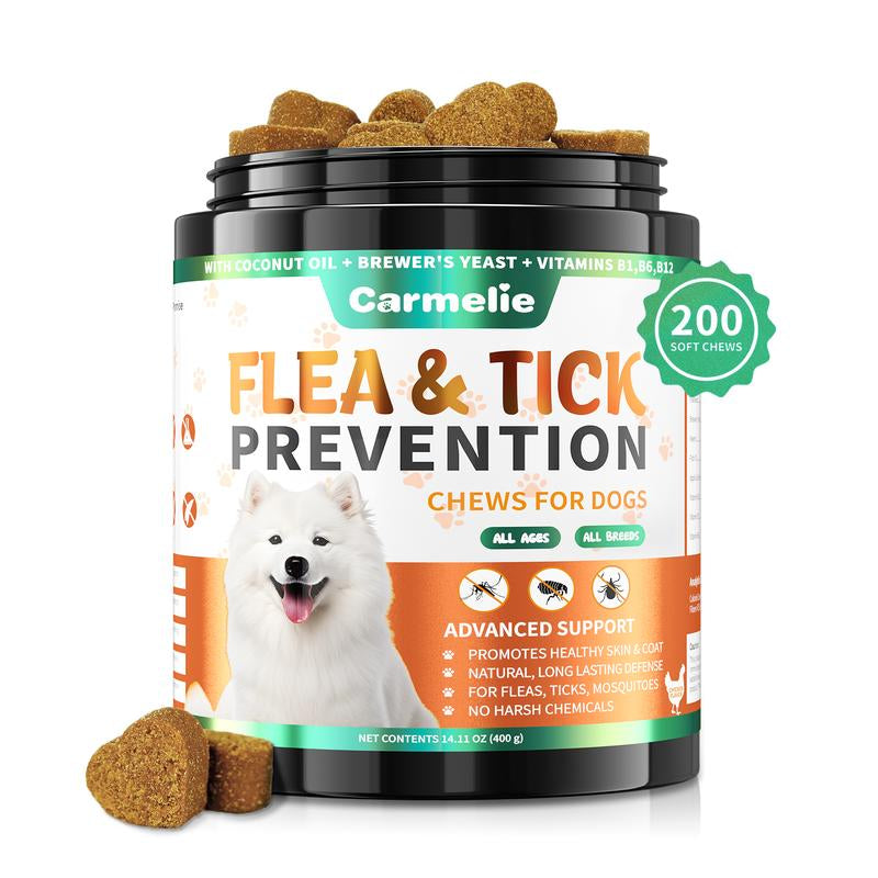 Carmelie Flea & Tick Prevention Chewables for Dogs - 200 Treats - Natural Pest Defense - Oral Supplement for All Breeds & Ages - Chicken Flavor Pet Products Vitamin