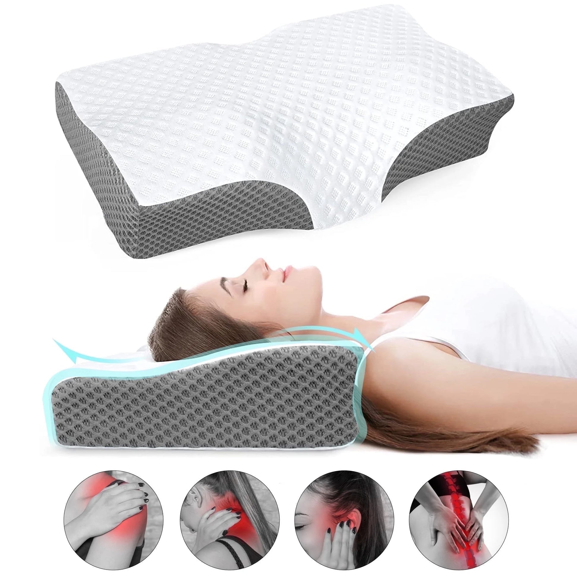 Cervical Memory Foam Pillow for Neck Pain Relief, Ergonomic Bed Pillows for Body Side Back Stomach Sleepers, 23.6''X 13.3''X 4.3'',White