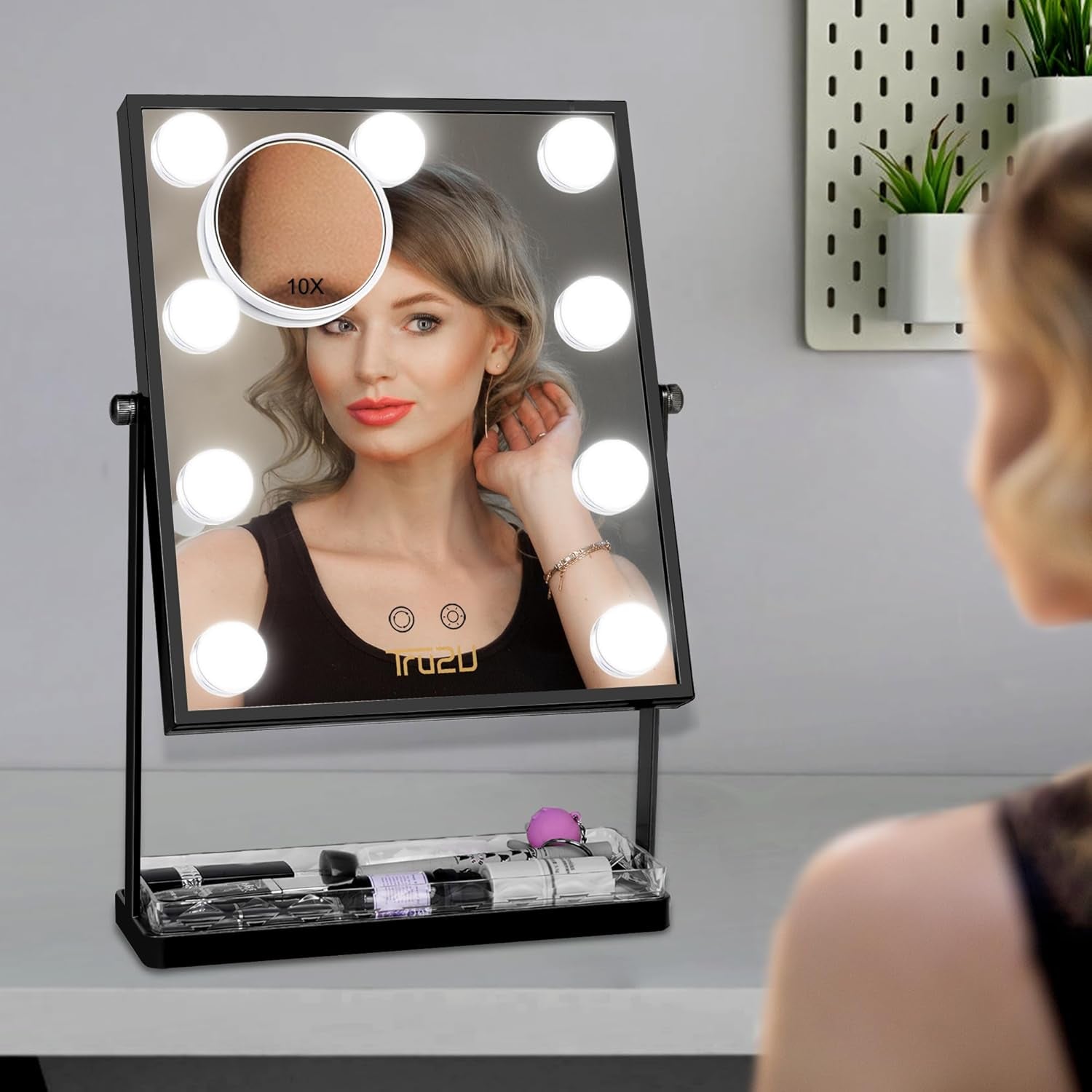 Hollywood Vanity Makeup Mirror with Dimmerable Smart Touch Control LED and Storage, 3 Color Lighting (Black)