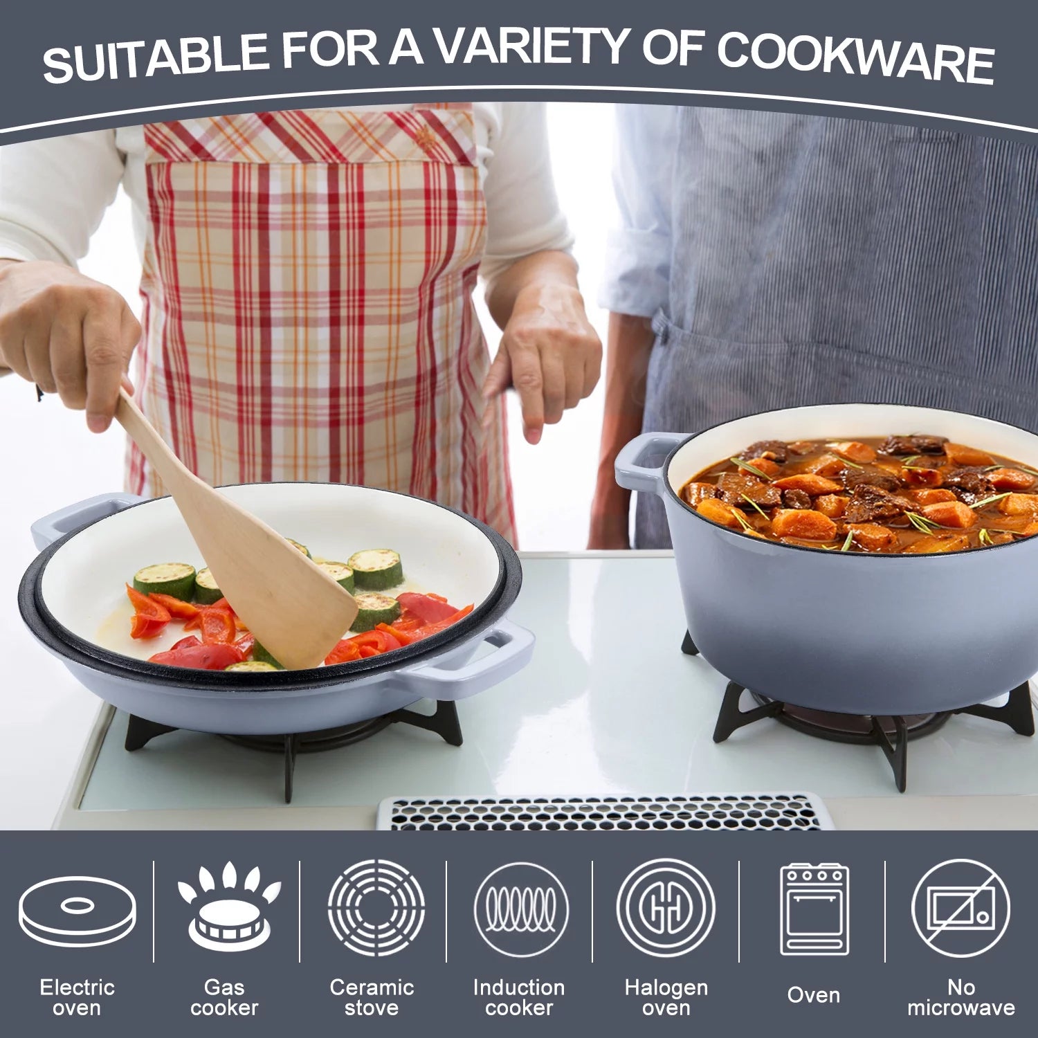 2-In-1 Enameled Cast Iron Dutch Oven with Skillet Lid, 5 Quart Dutch Oven Pot Cookware with Handles for Grilling, Stewing - Grey