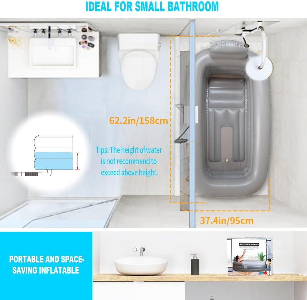Inflatable Bathtub with Pump and Bath Pillow Headrest, Outdoor & Indoor Freestanding Foldable Spa Tub Portable Family SPA Bath Tub, Ideal for Hot Bath Ice Bath (Light Grey)