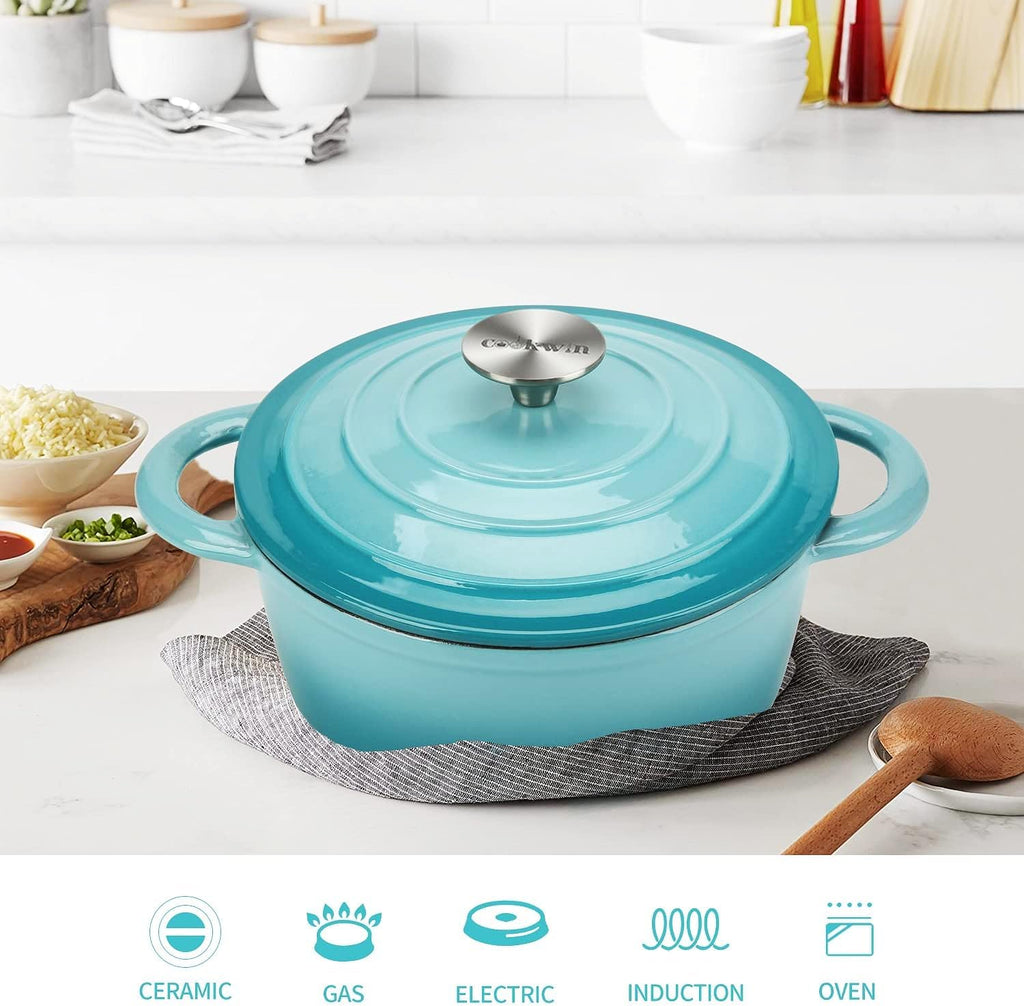 Cast Iron Dutch Oven, 3 QT round Dutch Oven Pot with Self Basting Lid for Home Baking, Braiser, Cooking, Great Christmas Gifts for Family,Teal