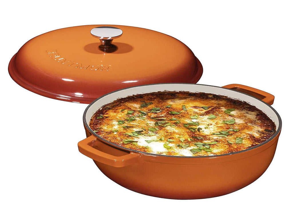 4.5 Quart Pre-Seasoned Enameled Cast Iron Dutch Oven with Dual Handles and Lid, Pumpkin Spice Cast Iron Skillet, Shallow Cookware Braising Pan for Cast Iron Casserole Dish