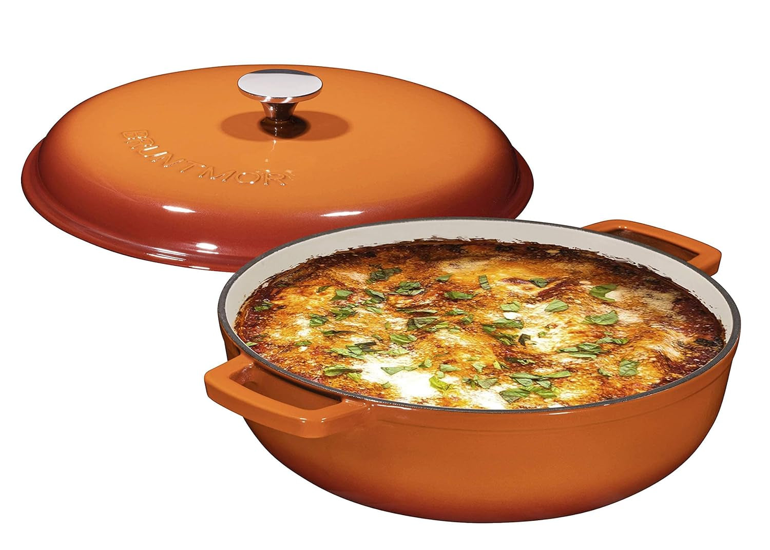4.5 Quart Pre-Seasoned Enameled Cast Iron Dutch Oven with Dual Handles and Lid, Pumpkin Spice Cast Iron Skillet, Shallow Cookware Braising Pan for Cast Iron Casserole Dish