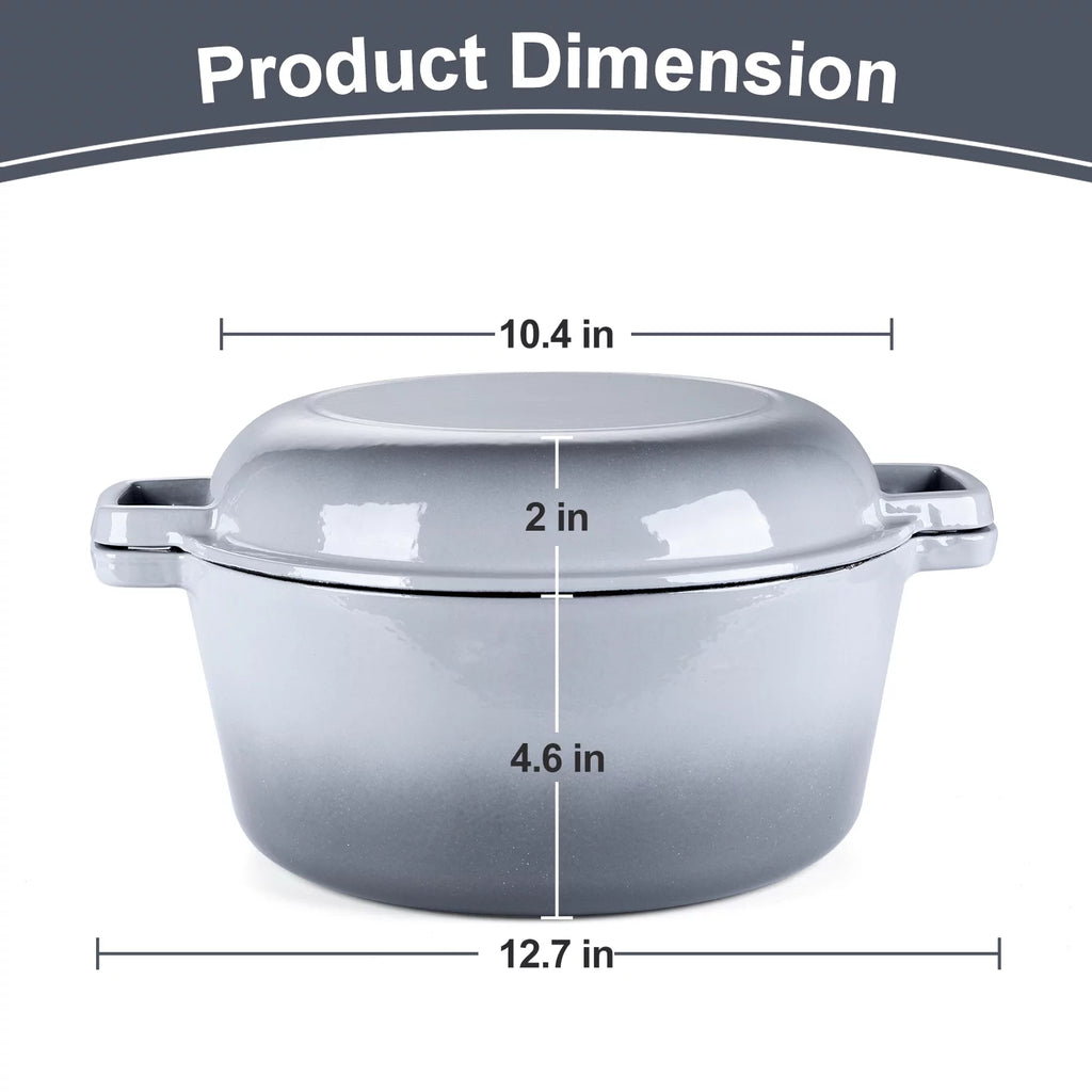 2-In-1 Enameled Cast Iron Dutch Oven with Skillet Lid, 5 Quart Dutch Oven Pot Cookware with Handles for Grilling, Stewing - Grey