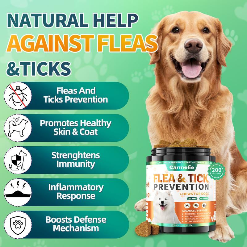 Carmelie Flea & Tick Prevention Chewables for Dogs - 200 Treats - Natural Pest Defense - Oral Supplement for All Breeds & Ages - Chicken Flavor Pet Products Vitamin