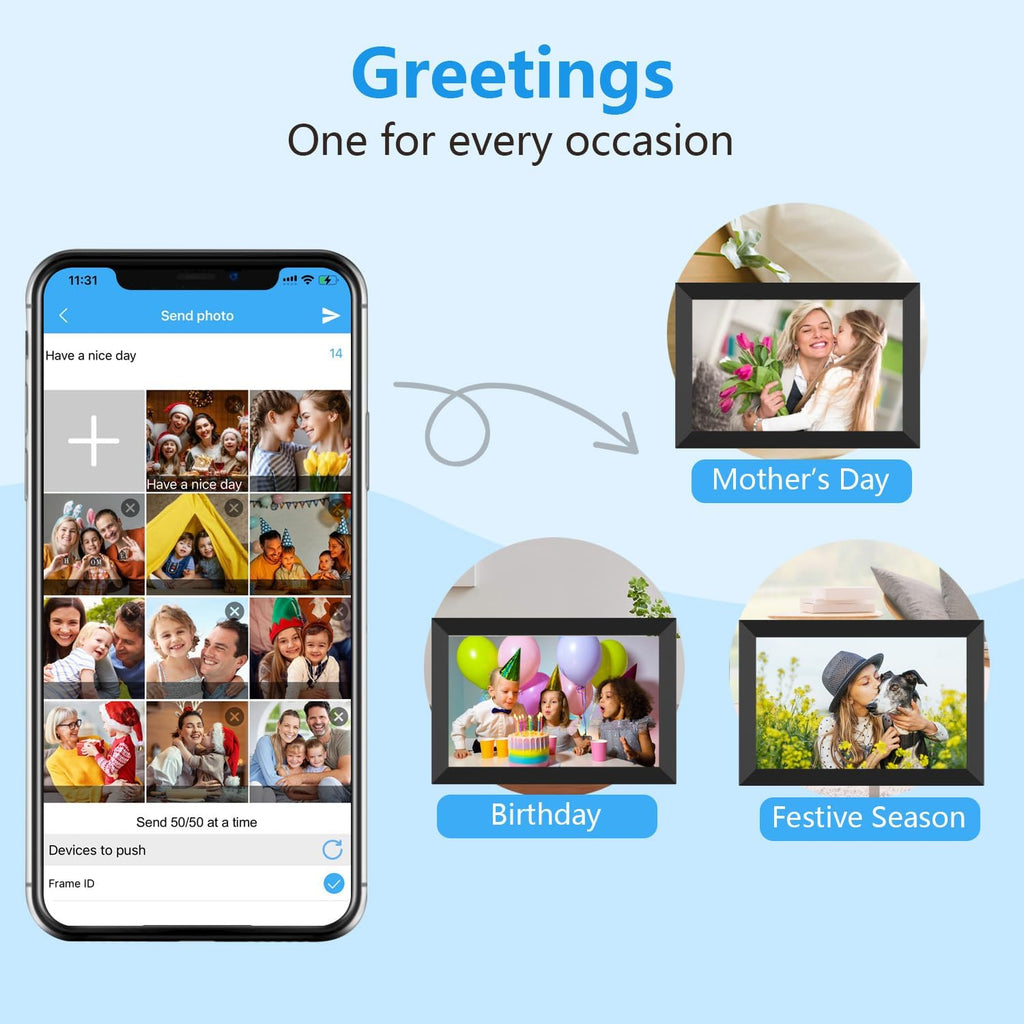 Digital Photo Frame 10.1 Inch Wifi Digital Picture Frame 1280X800 IPS Touch Screen 32GB Storage Auto-Rotate Wall-Mountable Easy Setup to Share Photos & Videos via Free App from Anywhere
