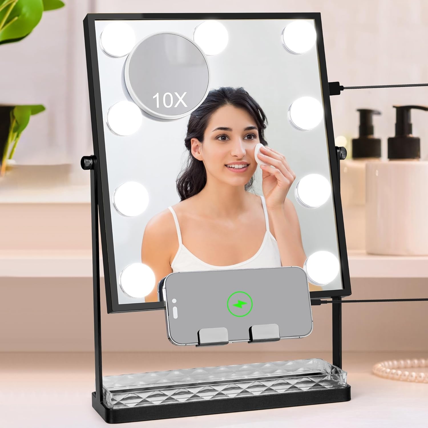Hollywood Vanity Makeup Mirror with Dimmerable Smart Touch Control LED and Storage, 3 Color Lighting (Black)