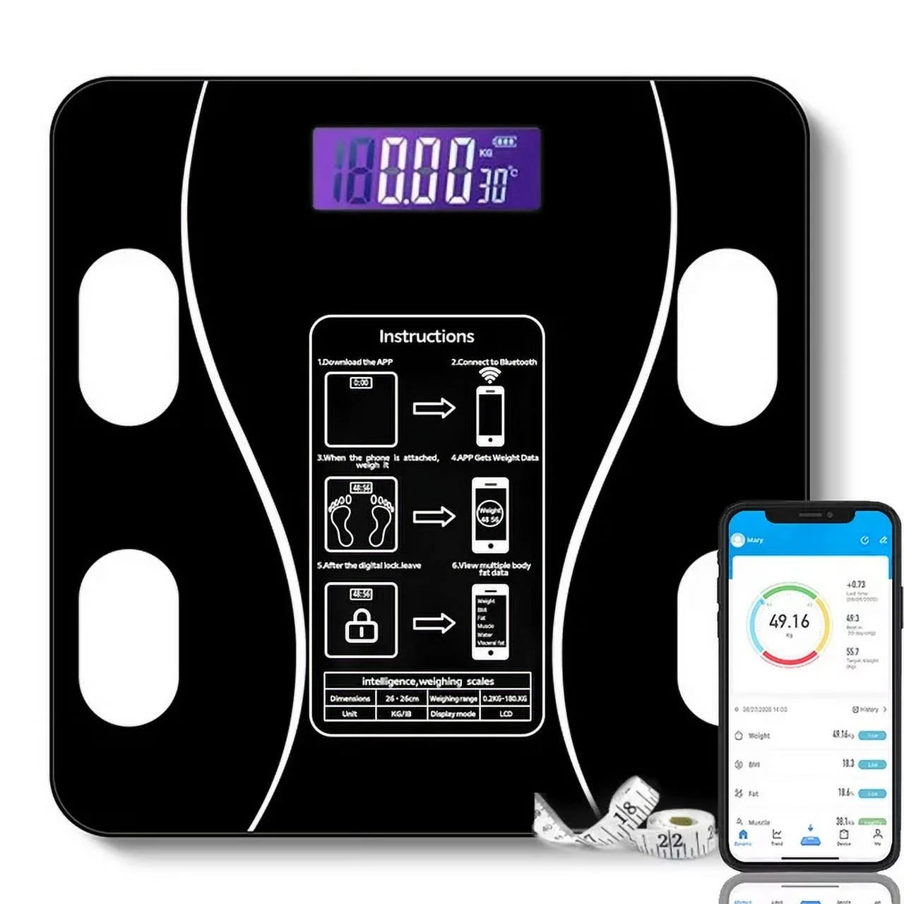 Bluetooth Digital Scale for Body Weight - Body Fat Smart Scale - Body Health Analyzer with APP Wireless Digital Bathroom Smart BMI Scale,Black