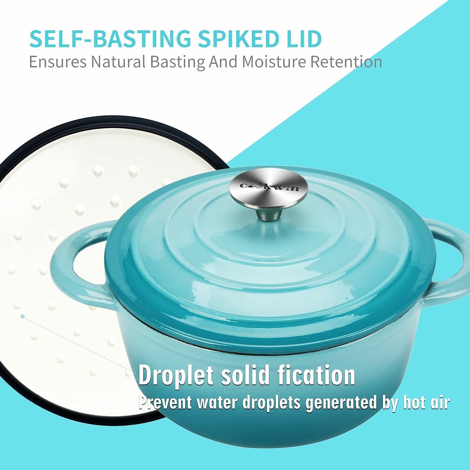 Cast Iron Dutch Oven, 3 QT round Dutch Oven Pot with Self Basting Lid for Home Baking, Braiser, Cooking, Great Christmas Gifts for Family,Teal