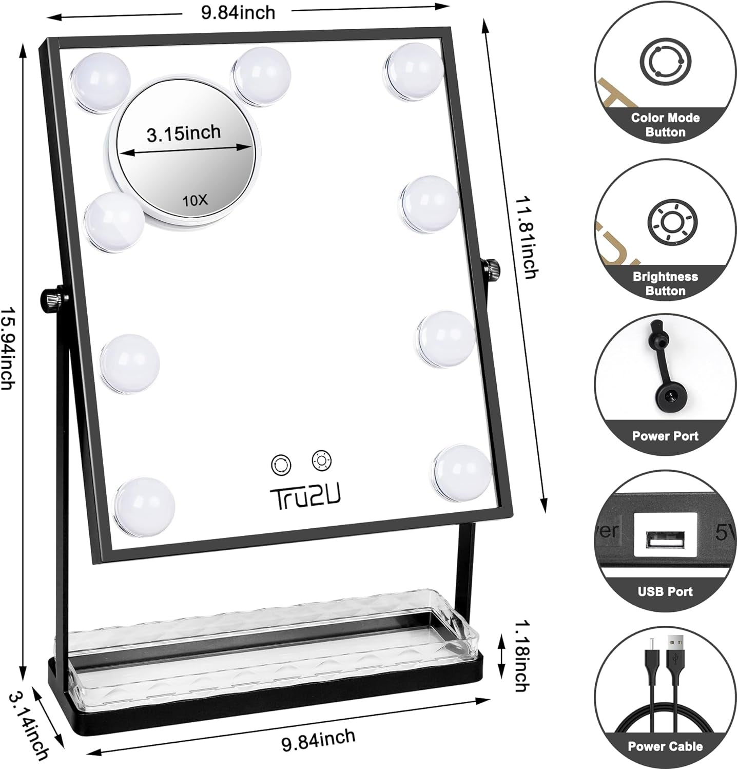 Hollywood Vanity Makeup Mirror with Dimmerable Smart Touch Control LED and Storage, 3 Color Lighting (Black)