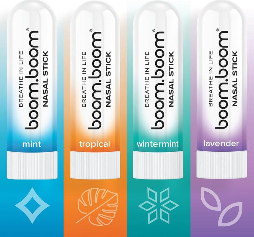 Boomboom Nasal Stick (4 Pack) | Vapor Flow Technology | Better Breathing + Natural Focus | Cool Refreshing Sensation | Premium Essential Oils + Menthol Inhaler (Mint, Wintermint, Tropical, Lavender)