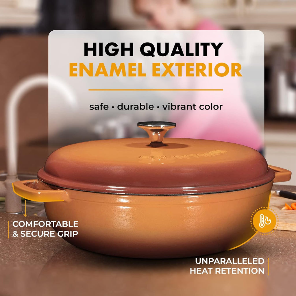 4.5 Quart Pre-Seasoned Enameled Cast Iron Dutch Oven with Dual Handles and Lid, Pumpkin Spice Cast Iron Skillet, Shallow Cookware Braising Pan for Cast Iron Casserole Dish
